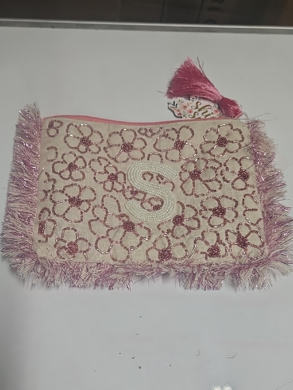 Beaded Initial 'S' Pink Floral Zip Pouch